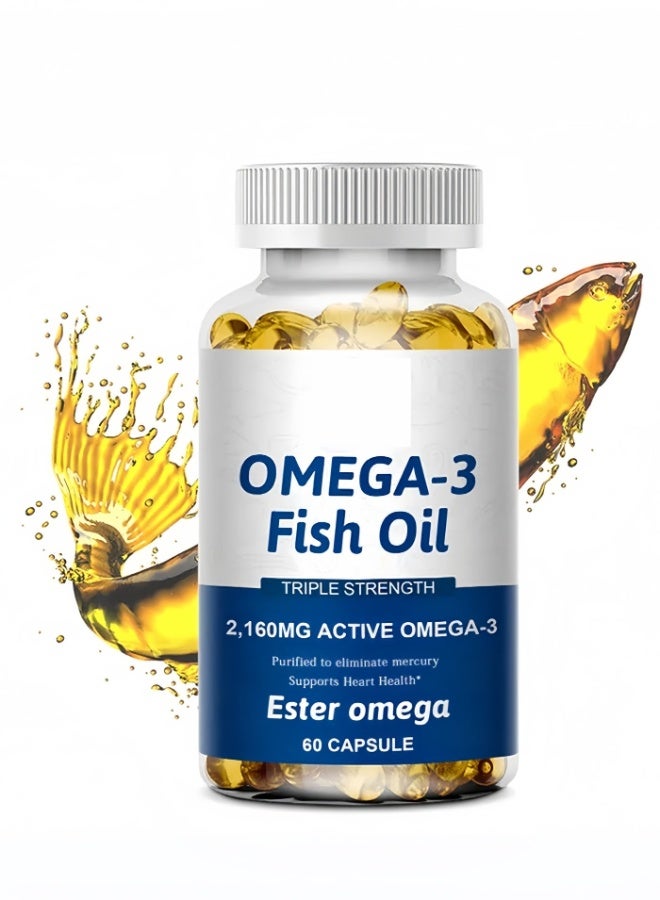 أوميغا زيت السمك أوميغا 3 الممتاز، ثلاثي القوة، 2160 ملغ، يحتوي على دهون ثلاثية EPA و DHA | دعم القلب والدماغ والمفاصل، دعم صحة القلب | 60 كبسولة لدعم وظيفة القلب والدماغ الطبيعية، زيت السمك النقي. - Image 1